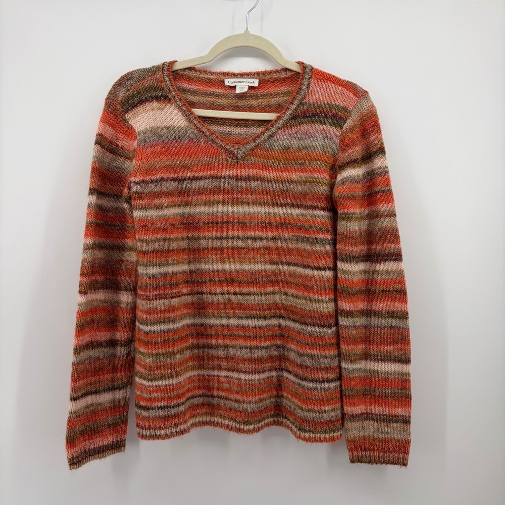 Coldwater Creek Womens XS Orange Striped V-Neck Space Dye Knit Pullover Sweater